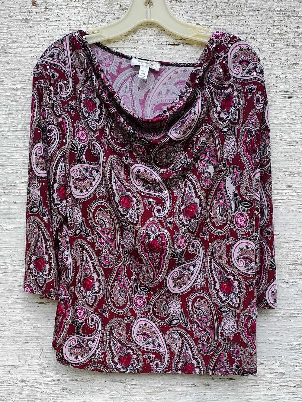 Dressbarn Plum and Pink Paisley Cowl-Neck 3/4-Sleeve Top, Petite XL